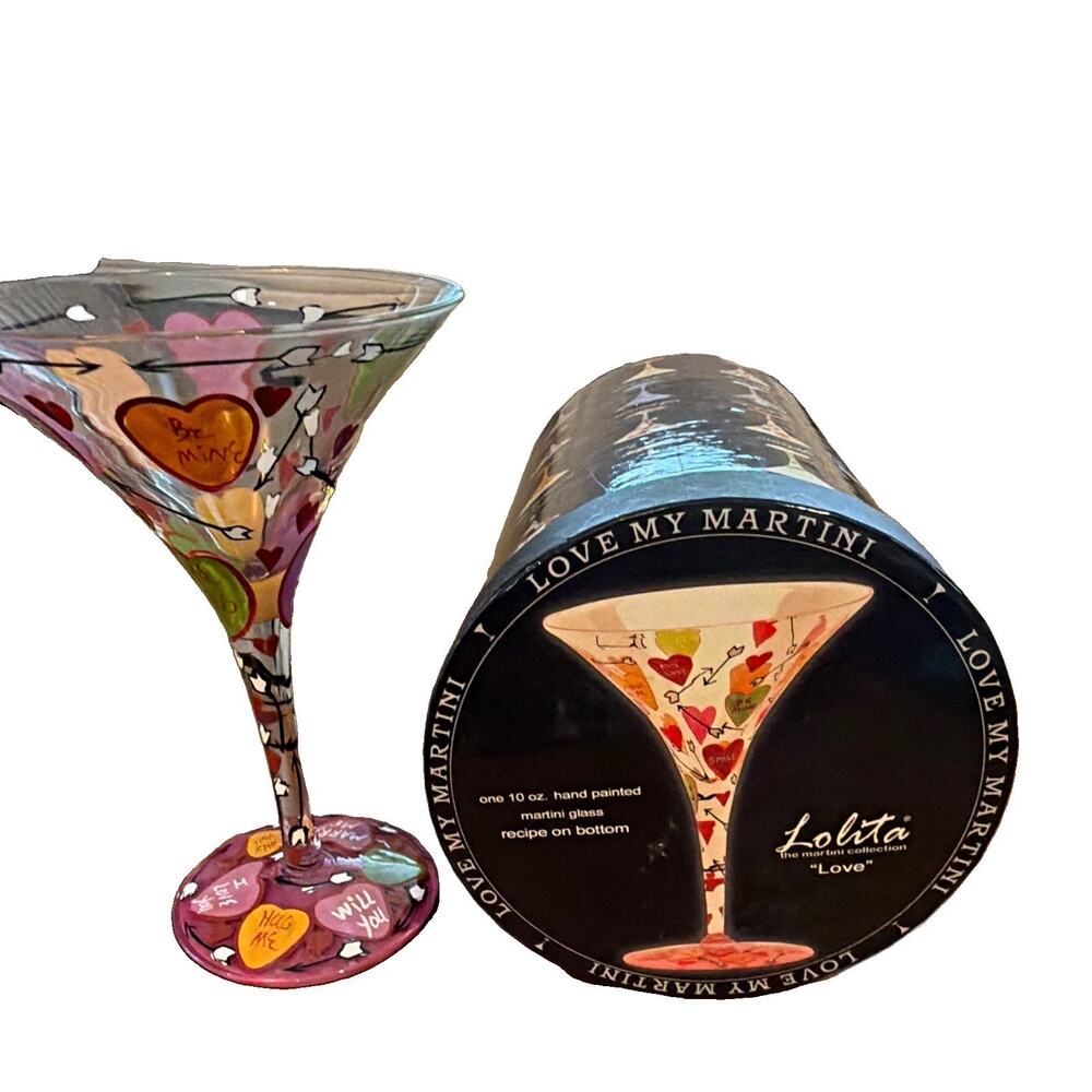 Lolita Love My Martini Hand Painted Stemmed Cocktail Glass 10 oz Hearts